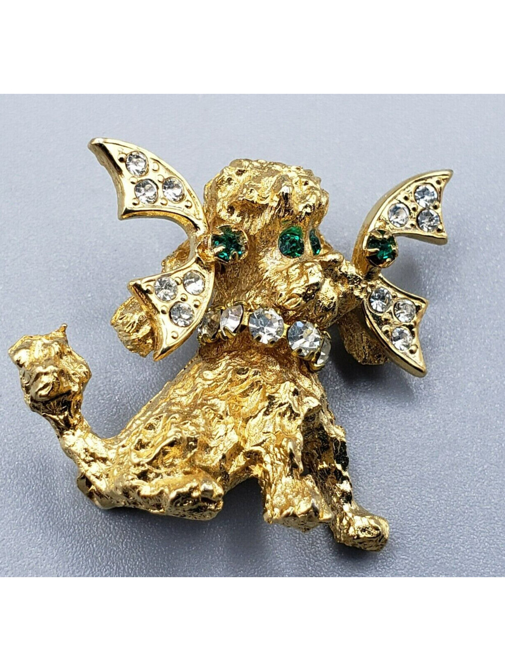 Vintage Poodle Dog Brooch Pin Rhinestones Gold Tone Metal OBCO 66 Green Eyes